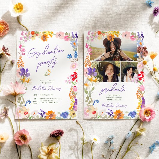 Bold Boho Bright Wildflower Photo Graduation Kaart