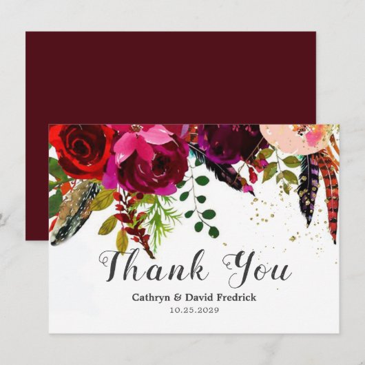 Bold Boho Burgundy Floral Wedding Flat Bedankkaart (Voorkant / Achterkant)