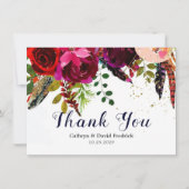 Bold Boho Burgundy Navy Floral Wedding Flat Bedankkaart (Voorkant)