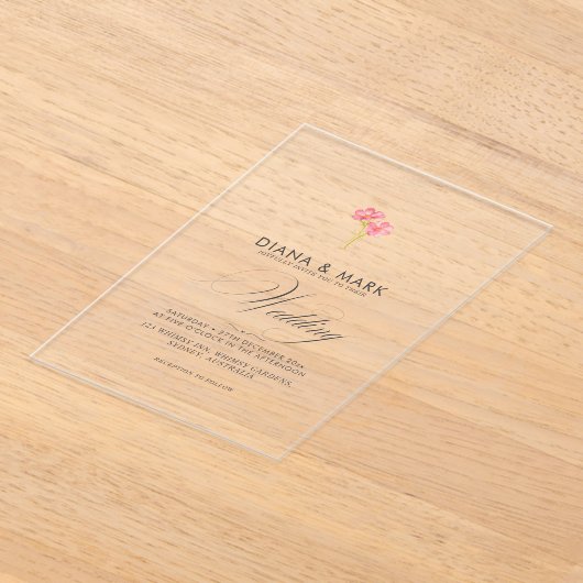 Bold Boho Roze Trendy Wildflower Unieke bruiloft Acryl Uitnodigingen (Laagn)