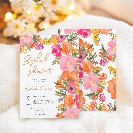 Bold Boho Waterverf Sinaasappel Roze Bloemen Bruid Kaart