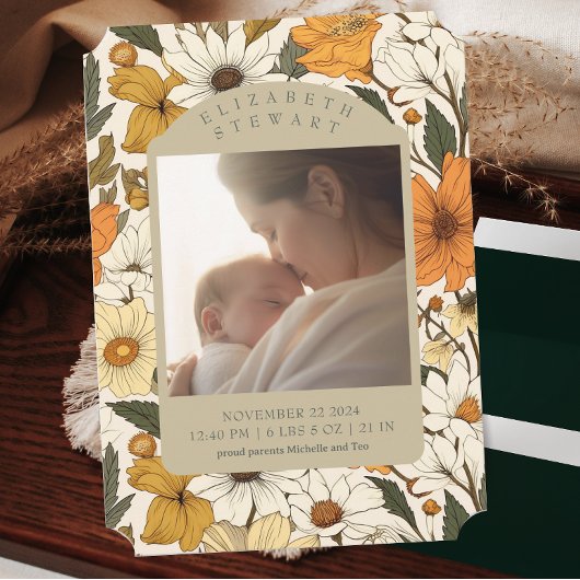 Bold Botanical Herfst 2 Fotogeboorteaankondiging Kaart