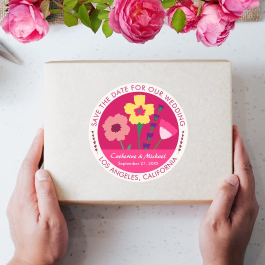 Bold & Bright Fuchsia Pink Floral Save The Date Ronde Sticker
