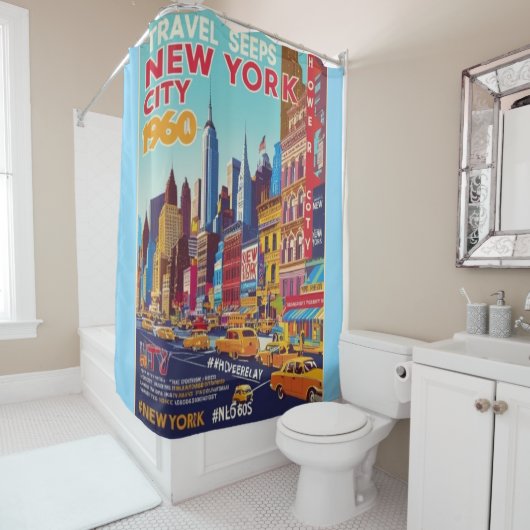 Bold & Bright NYC | Reisposter uit de jaren zestig Douchegordijn (In situ)