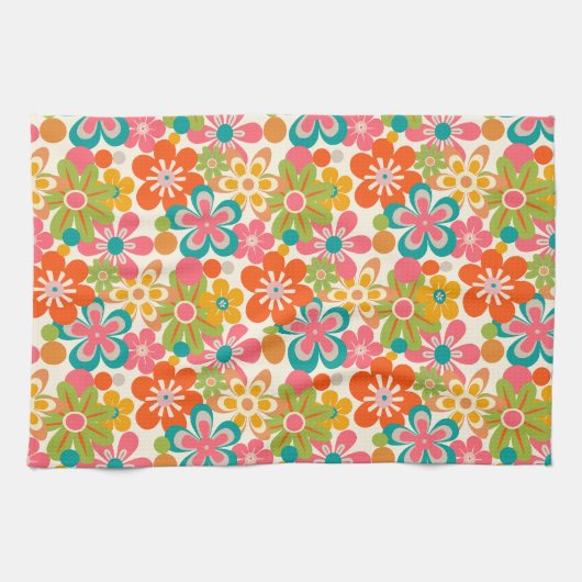 Bold Bright Retro Abstract Flower Pattern Theedoek (Horizontaal)
