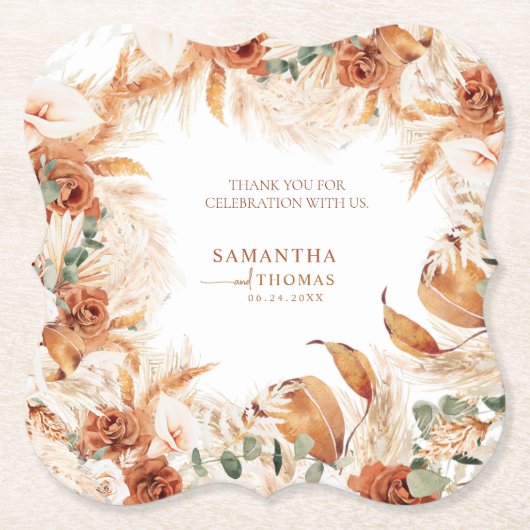 Bold Bright Terracotta Boho Wedding Dank u Kartonnen Onderzetters (Voorkant)