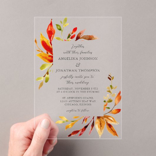 Bold Bright Waterverf Herfstbladeren Huwelijk Acryl Uitnodigingen (Insitu (Draagbaar))