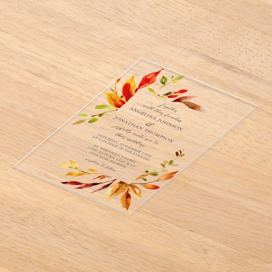 Bold Bright Waterverf Herfstbladeren Huwelijk Acryl Uitnodigingen (Laagn)
