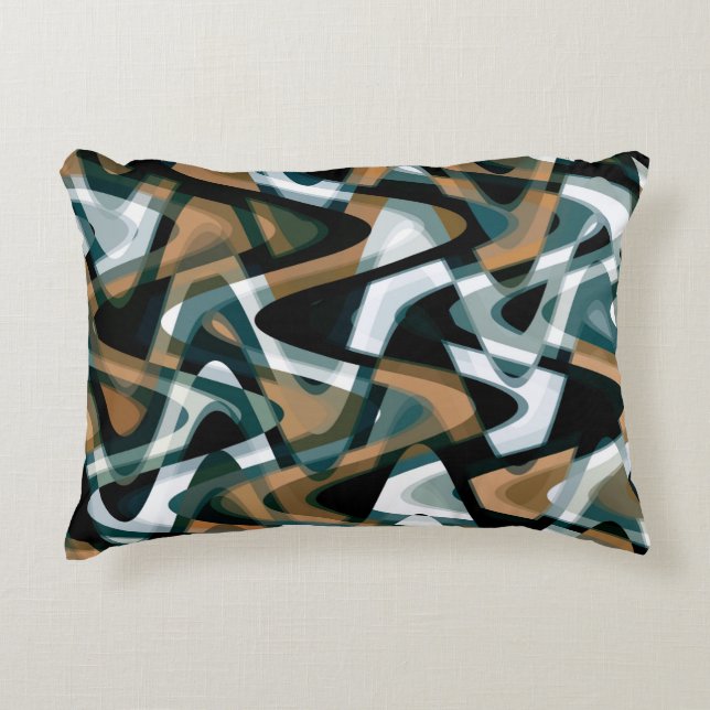 Bold Brown Blauwgroen Groen Zwart Wavy Pattern Accent Kussen (Voorkant)