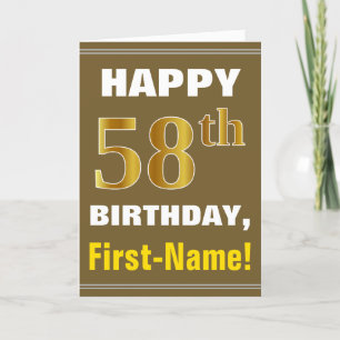 Bold, Brown, Faux Gold 58th Birthday w/Name Card Kaart