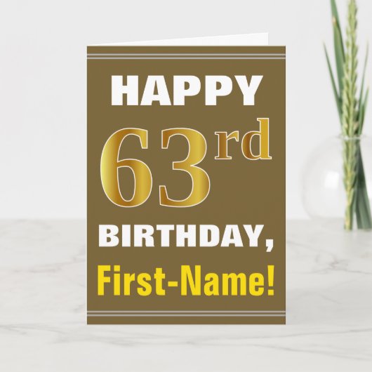 Bold, Brown, Faux Gold 63rd Birthday w/ Name Card Kaart (Voorkant)