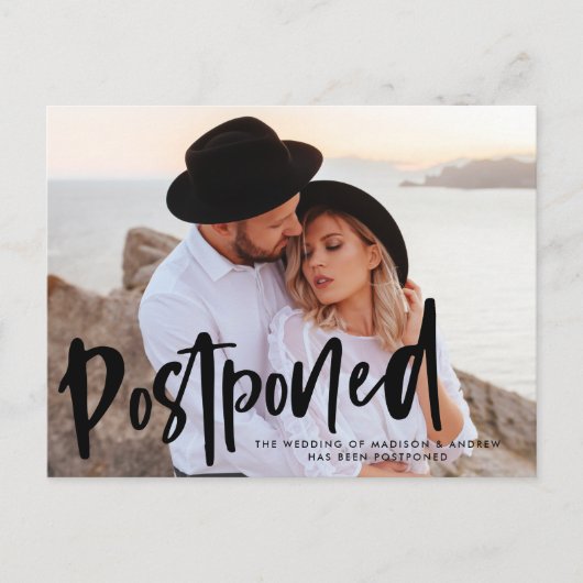 Bold Brush Script Photo Wedding Postponement Aankondigingskaart (Voorkant)