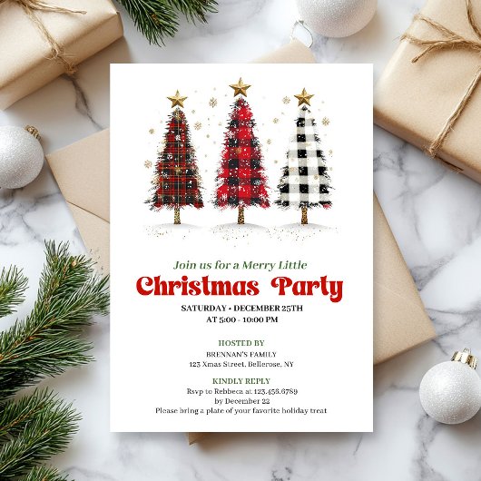 Bold buffalo plaid Christmas tree party invitation Kaart