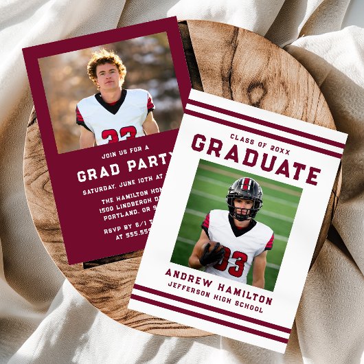 Bold Burgundy Stripes Athletic Photo Graduation Kaart