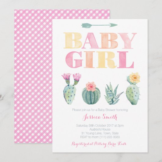 Bold Cactus Waterverf Baby Girl Shower Kaart (Voorkant / Achterkant)
