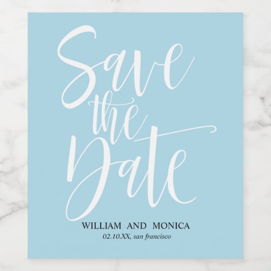 Bold Calligraphy White Azure modern save the date Wijn Etiket (Enkel label)