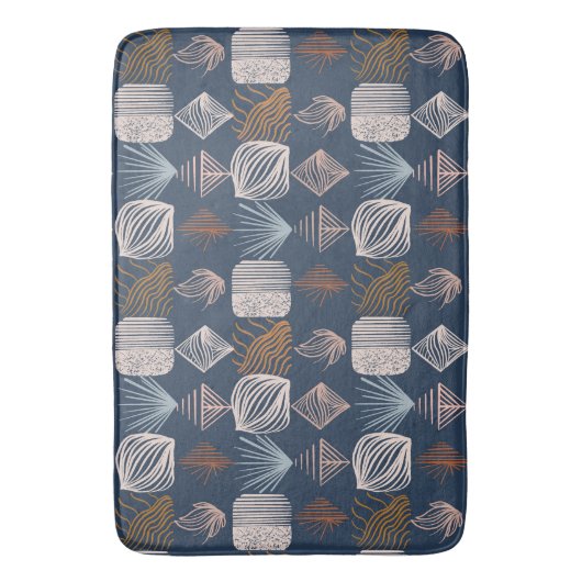 Bold Caribbean Tribal Mudcloth: Navy Blue, Boho Badmat (Voorkant Verticaal)
