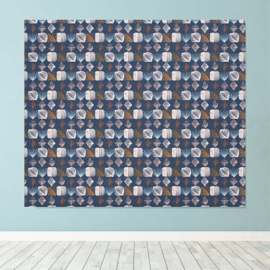 Bold Caribbean Tribal Mudcloth: Navy Blue, Boho Canvas Afdruk (Insitu (Houten vloer))