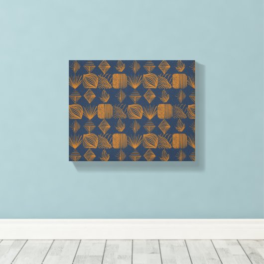 Bold Caribbean Tribal Mudcloth: Navy Blue, Goud Canvas Afdruk (Insitu (Houten vloer))