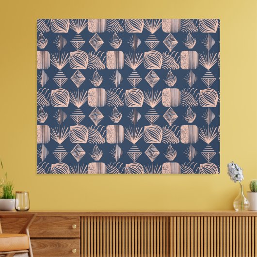 Bold Caribbean Tribal Mudcloth: Navy Blue, Roze Canvas Afdruk (Insitu (Woonkamer))
