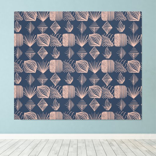 Bold Caribbean Tribal Mudcloth: Navy Blue, Roze Canvas Afdruk (Insitu (Houten vloer))