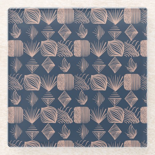 Bold Caribbean Tribal Mudcloth: Navy Blue, Roze Glazen Onderzetter (Voorkant)