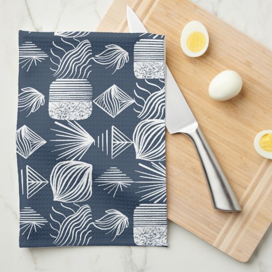 Bold Caribbean Tribal Mudcloth: Navy Blue& White, Theedoek (Quarter Fold)