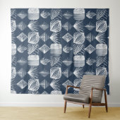 Bold Caribbean Tribal Mudcloth: Navy Blue& White, Wandkleed (In Situ (horizontaal))