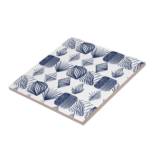 Bold Caribbean Tribal Mudcloth: Wit, Navy Blue Tegeltje (Zijkant)