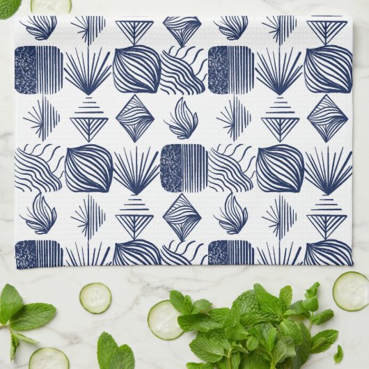 Bold Caribbean Tribal Mudcloth: Wit, Navy Blue Theedoek (Gevouwen)