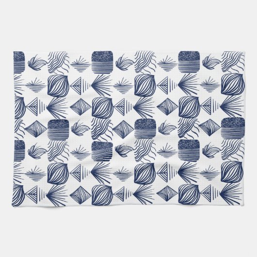 Bold Caribbean Tribal Mudcloth: Wit, Navy Blue Theedoek (Horizontaal)