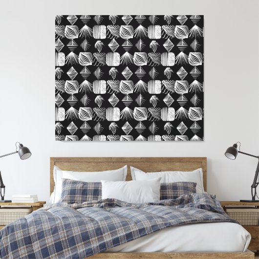 Bold Caribbean Tribal Mudcloth - Zwart & Wit, Canvas Afdruk (Insitu (Slaapkamer))