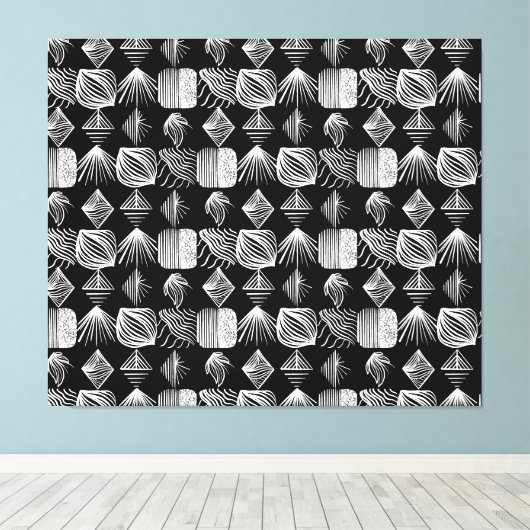 Bold Caribbean Tribal Mudcloth - Zwart & Wit, Canvas Afdruk (Insitu (Houten vloer))