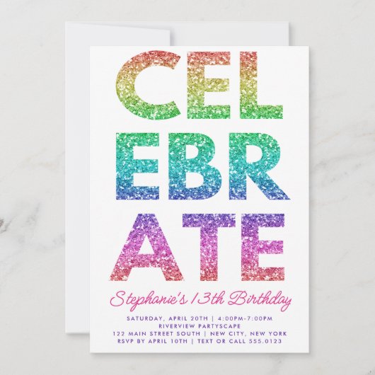Bold CELEBRATE Rainbow Glitter Birthday Kaart (Voorkant)