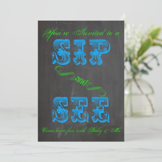 BOLD Chalkboard Sip en See Baby shower Boy Invite Kaart (Staand voorkant)