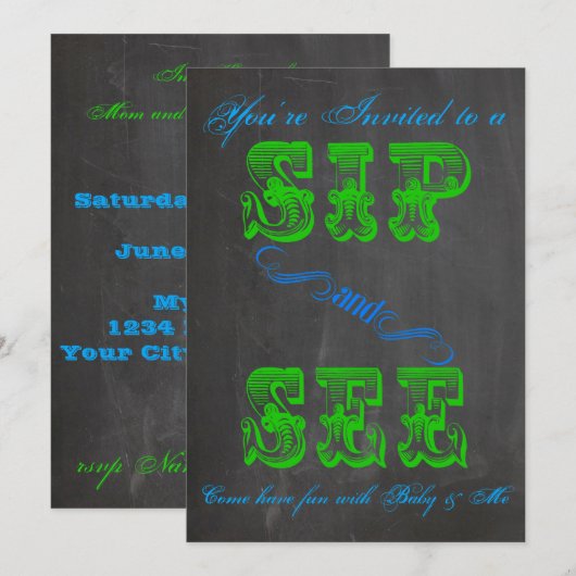 BOLD Chalkboard Sip & See Baby shower Boy 2 Invite Kaart (Voorkant / Achterkant)