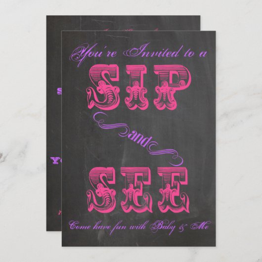 BOLD Chalkboard Sip & See Baby shower Girl Invite Kaart (Voorkant / Achterkant)