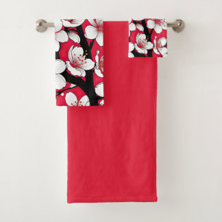Bold Cherry Blossom Illustration on Red Bad Handdoek