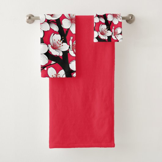 Bold Cherry Blossom Illustration on Red Bad Handdoek (Insitu)