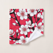 Bold Cherry Blossom Illustration on Red Bad Handdoek (Wasdoekje)