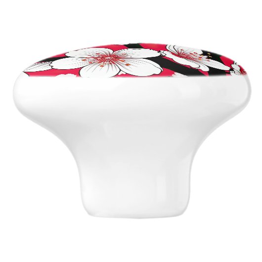 Bold Cherry Blossom Illustration on Red Keramische Knop (Zijkant)
