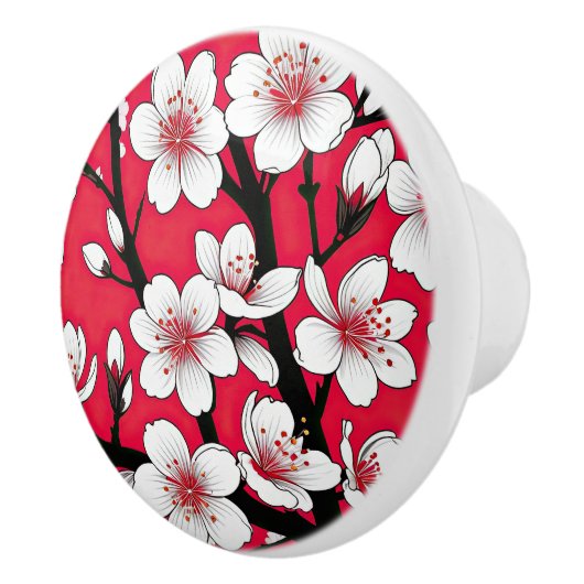 Bold Cherry Blossom Illustration on Red Keramische Knop (Rechts)