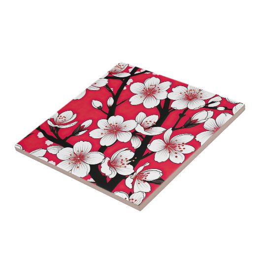 Bold Cherry Blossom Illustration on Red Tegeltje (Zijkant)