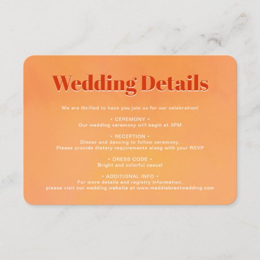 Bold Chic Orange Sunset Monogram Wedding Details Informatiekaartje (Voorkant)