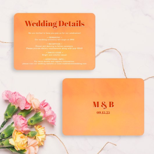 Bold Chic Orange Sunset Monogram Wedding Details Informatiekaartje