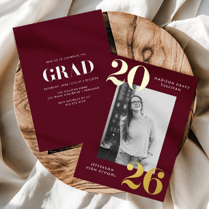 Bold Class of 2025 Bourgogne Foto Afstuderen Folie Uitnodiging