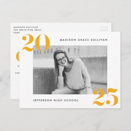 Bold Class of 2025 Yellow Photo Graduation Party Uitnodiging Briefkaart (Voorkant / Achterkant)