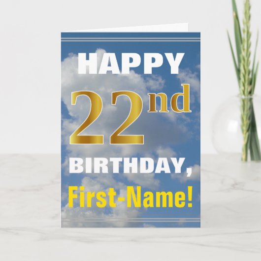 Bold, Cloudy Sky, Faux Gold 22nd Birthday + Name Kaart (Voorkant)