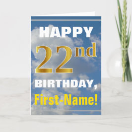 Bold, Cloudy Sky, Faux Gold 22nd Birthday + Name Kaart