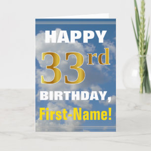 Bold, Cloudy Sky, Faux Gold 33rd Birthday + Name Kaart